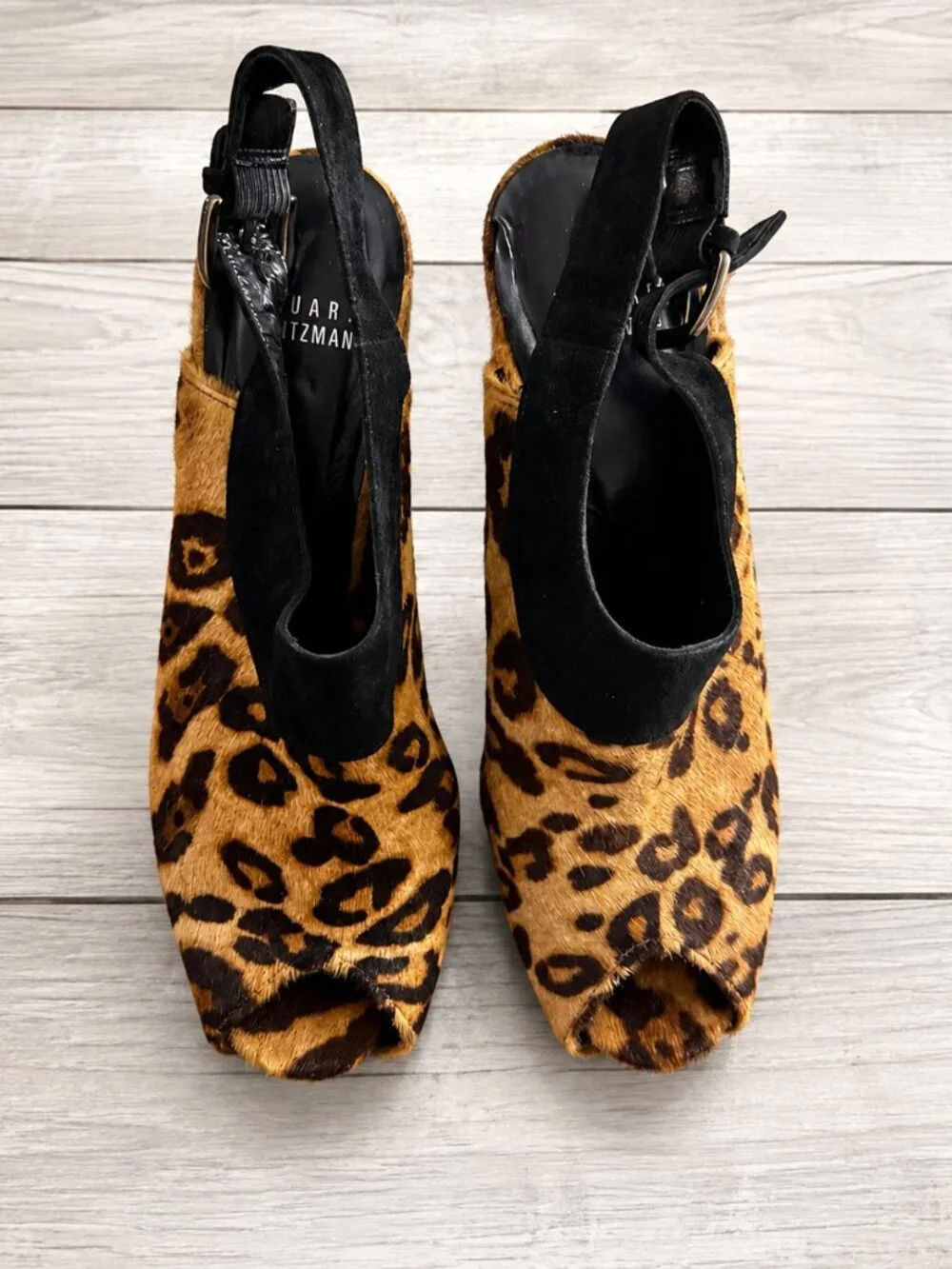 Stuart Weitzman Leopard Calf Hair Peep Toe Platform Heels EU 38.5 / US 8-8.5